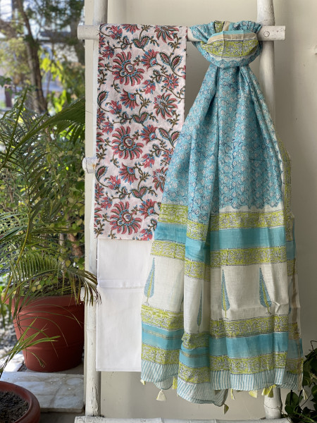 OFF WHITE-AQUA COTTON CHANDERI DUPATTA SET