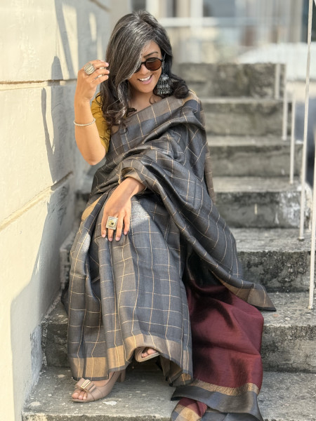 CHARCOAL-MAROON HAND WOVEN TUSSAR SILK SARI