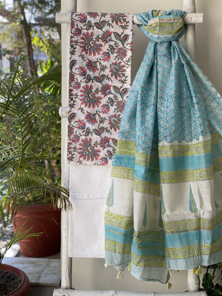 OFF WHITE-AQUA COTTON CHANDERI DUPATTA SET