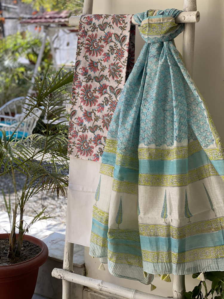 Image of OFF WHITE-AQUA COTTON CHANDERI DUPATTA SET