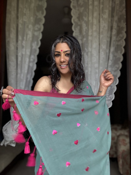 TEAL COTTON MULMUL EMBROIDERED SARI