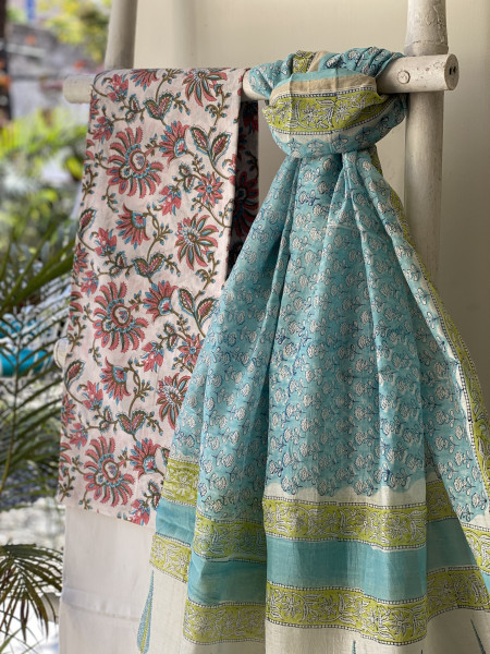 OFF WHITE-AQUA COTTON CHANDERI DUPATTA SET