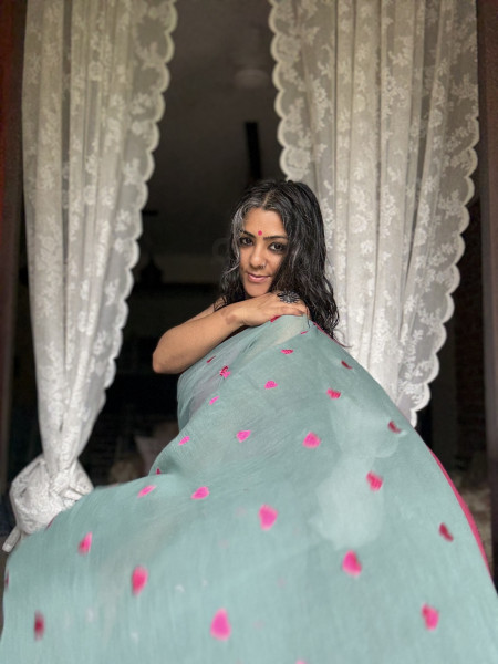 TEAL COTTON MULMUL EMBROIDERED SARI