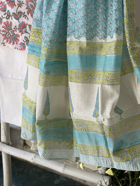 OFF WHITE-AQUA COTTON CHANDERI DUPATTA SET