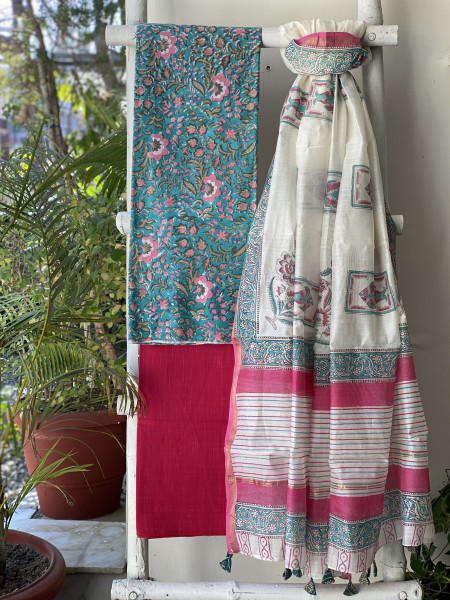 BLUE-OFF WHITE COTTON CHANDERI DUPATTA SET