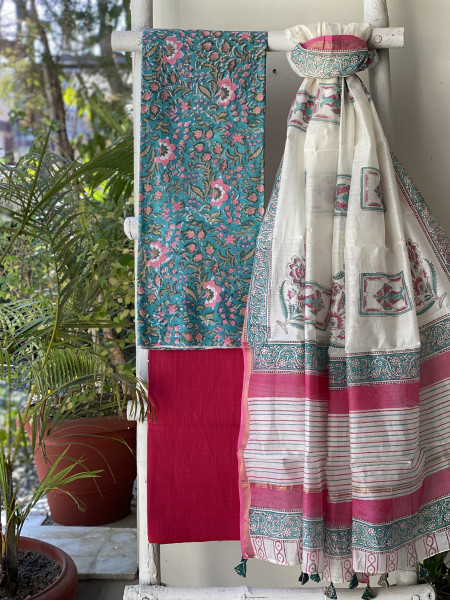 BLUE-OFF WHITE COTTON CHANDERI DUPATTA SET