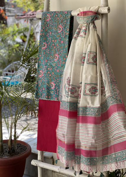 BLUE-OFF WHITE COTTON CHANDERI DUPATTA SET