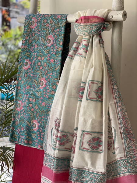 BLUE-OFF WHITE COTTON CHANDERI DUPATTA SET