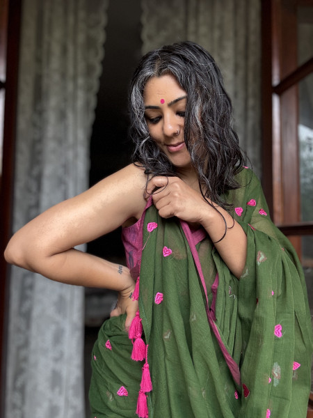 BOTTLE GREEN COTTON MULMUL EMBROIDERED SARI