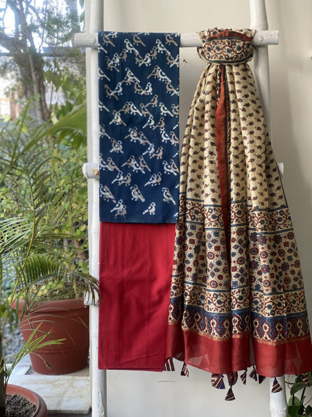 INDIGO-BEIGE COTTON CHANDERI DUPATTA SET