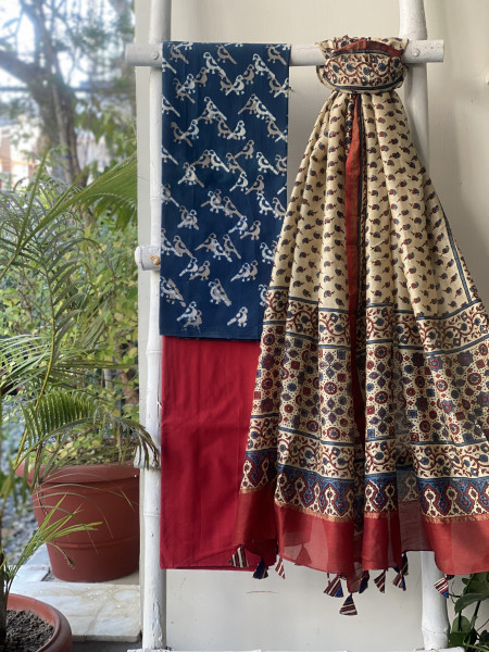 INDIGO-BEIGE COTTON CHANDERI DUPATTA SET