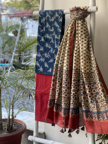 INDIGO-BEIGE COTTON CHANDERI DUPATTA SET