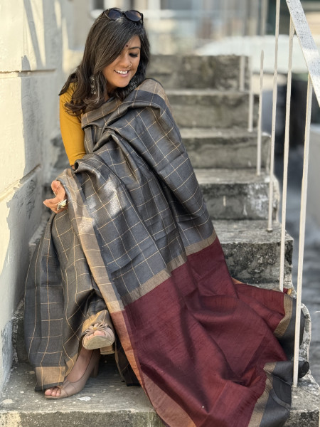 CHARCOAL-MAROON HAND WOVEN TUSSAR SILK SARI