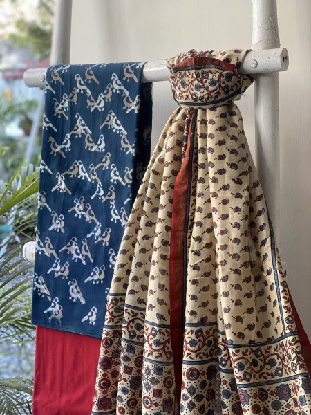 INDIGO-BEIGE COTTON CHANDERI DUPATTA SET