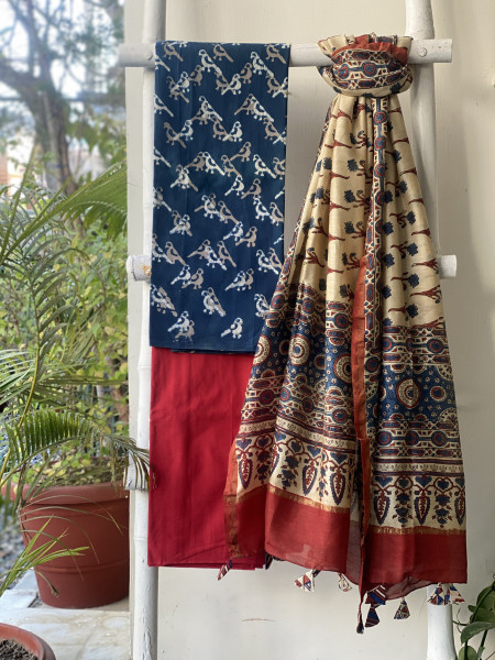 INDIGO-BEIGE COTTON CHANDERI DUPATTA SET