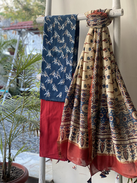 INDIGO-BEIGE COTTON CHANDERI DUPATTA SET