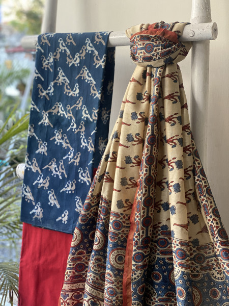 INDIGO-BEIGE COTTON CHANDERI DUPATTA SET