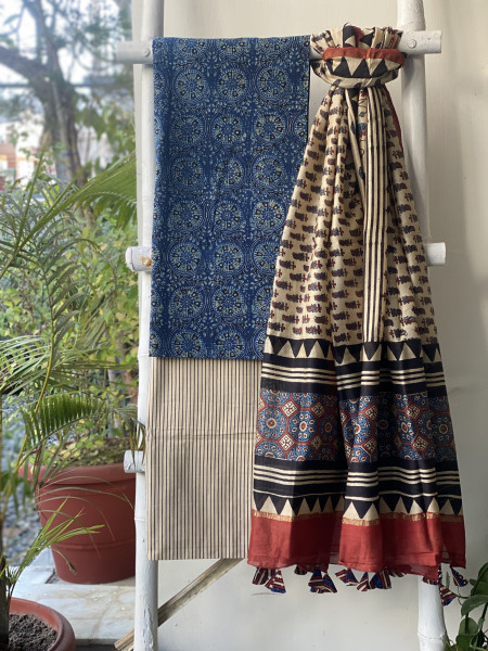 INDIGO-BEIGE COTTON CHANDERI DUPATTA SET