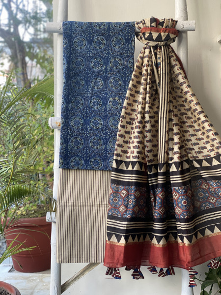 INDIGO-BEIGE COTTON CHANDERI DUPATTA SET