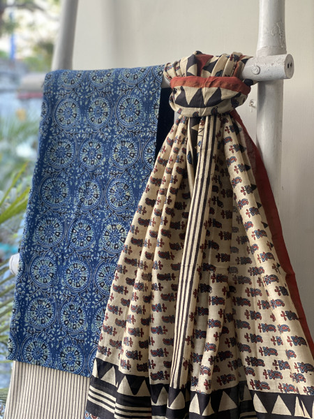 INDIGO-BEIGE COTTON CHANDERI DUPATTA SET