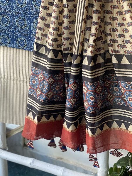 INDIGO-BEIGE COTTON CHANDERI DUPATTA SET