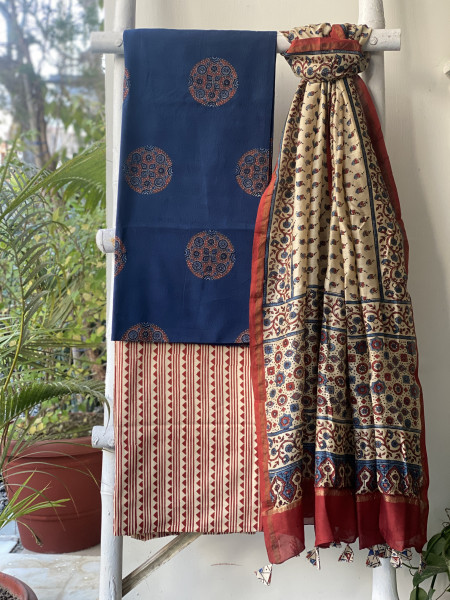 INDIGO-BEIGE COTTON CHANDERI DUPATTA SET