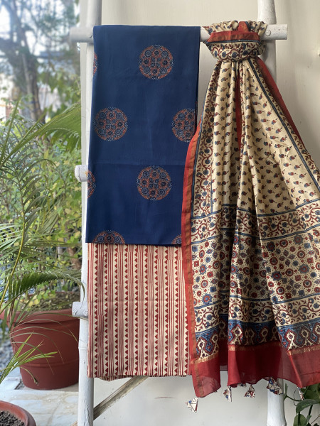 INDIGO-BEIGE COTTON CHANDERI DUPATTA SET