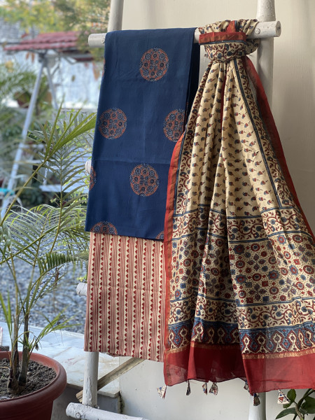 INDIGO-BEIGE COTTON CHANDERI DUPATTA SET