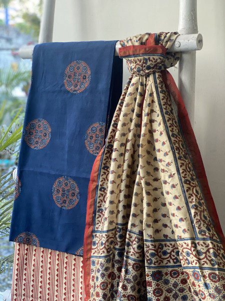 INDIGO-BEIGE COTTON CHANDERI DUPATTA SET