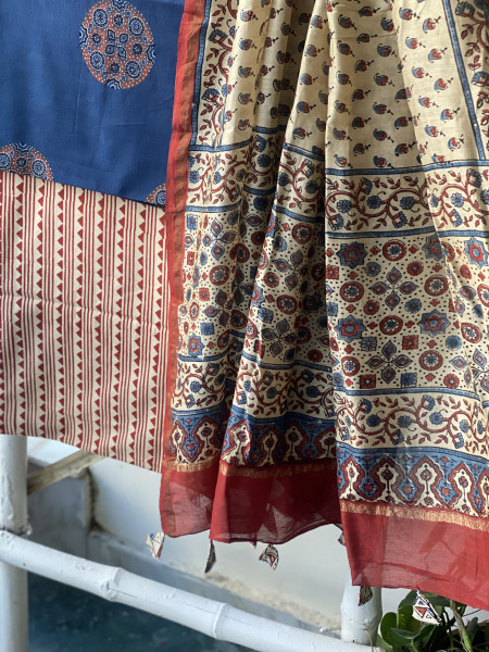 INDIGO-BEIGE COTTON CHANDERI DUPATTA SET