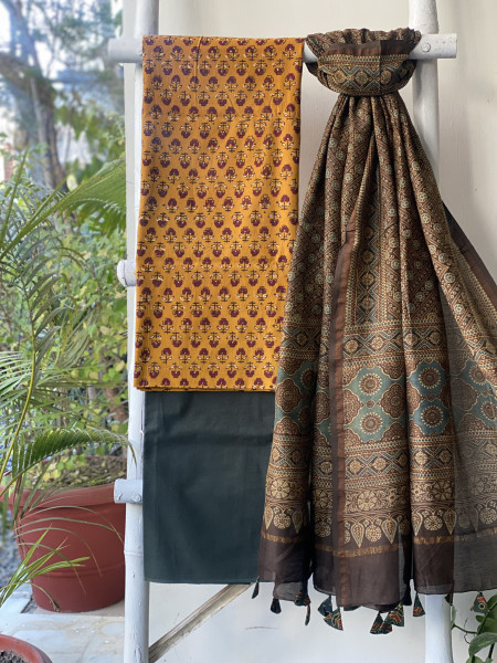 MUSTARD-BLACK COTTON CHANDERI DUPATTA SET