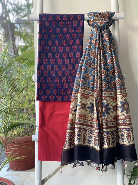 INDIGO-RED COTTON CHANDERI DUPATTA SET