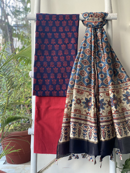 INDIGO-RED COTTON CHANDERI DUPATTA SET