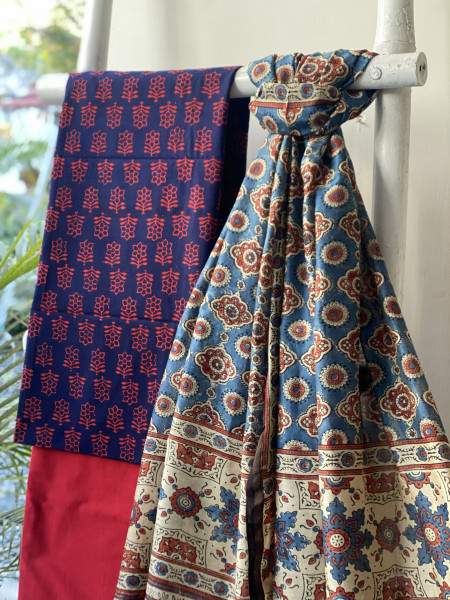 INDIGO-RED COTTON CHANDERI DUPATTA SET