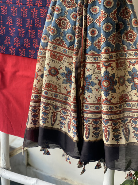 INDIGO-RED COTTON CHANDERI DUPATTA SET