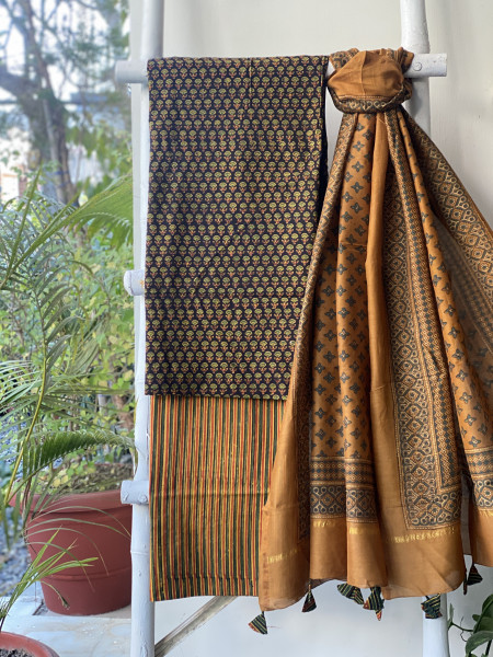 BLACK-MUSTARD COTTON CHANDERI DUPATTA SET