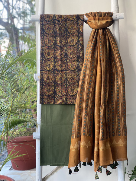 BLACK-MUSTARD COTTON CHANDERI DUPATTA SET