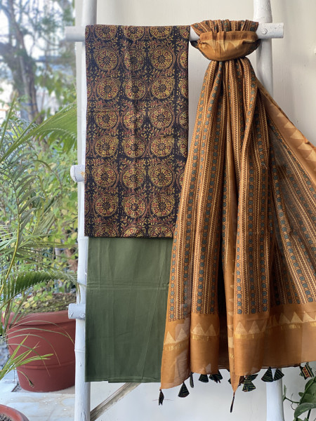 BLACK-MUSTARD COTTON CHANDERI DUPATTA SET