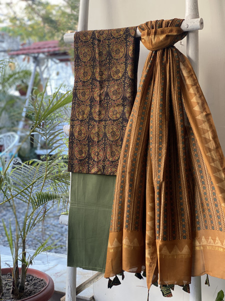 BLACK-MUSTARD COTTON CHANDERI DUPATTA SET