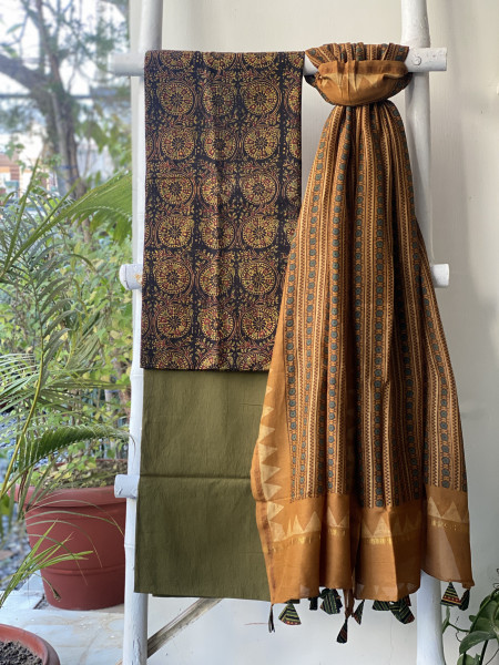 BLACK-MUSTARD COTTON CHANDERI DUPATTA SET