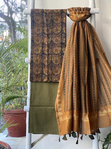 BLACK-MUSTARD COTTON CHANDERI DUPATTA SET