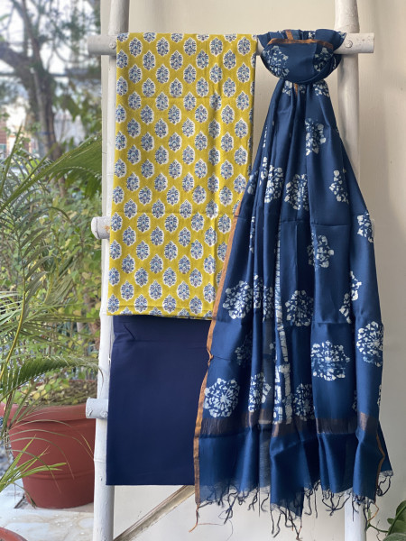 LIME GREEN-INDIGO COTTON CHANDERI DUPATTA SET