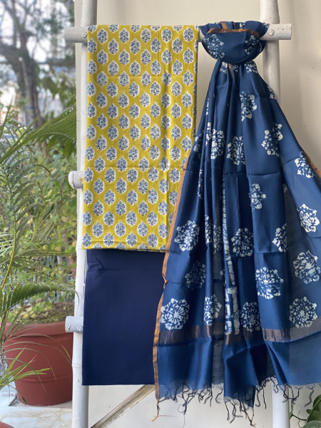 LIME GREEN-INDIGO COTTON CHANDERI DUPATTA SET