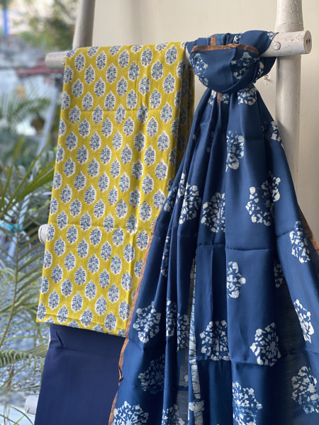 LIME GREEN-INDIGO COTTON CHANDERI DUPATTA SET