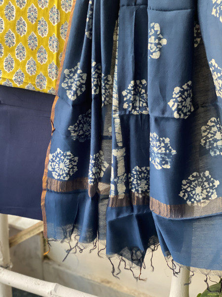 LIME GREEN-INDIGO COTTON CHANDERI DUPATTA SET
