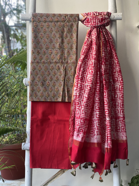 GREY-ROSE COTTON CHANDERI DUPATTA SET