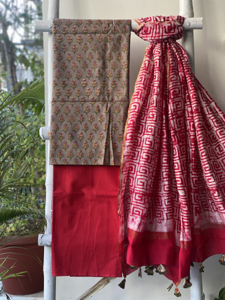 GREY-ROSE COTTON CHANDERI DUPATTA SET