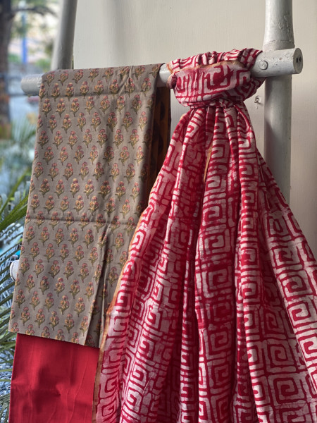 GREY-ROSE COTTON CHANDERI DUPATTA SET