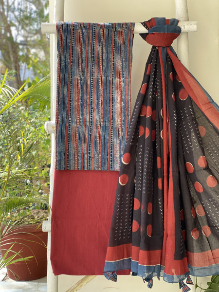 INDIGO-BLACK  AJRAKH BLOCK PRINT MUL COTTON DUPATTA SET