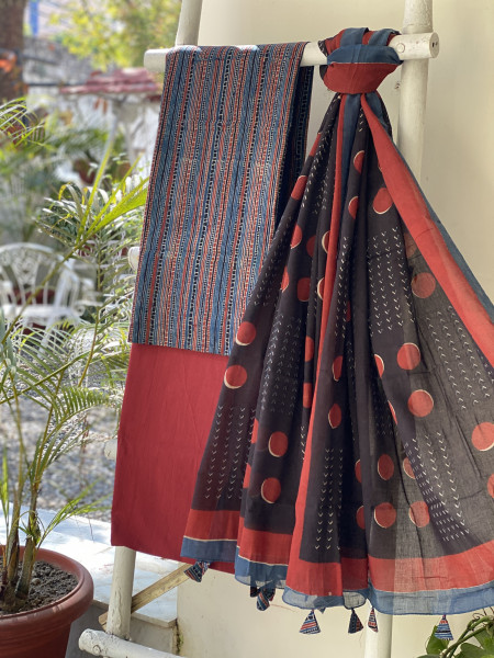 INDIGO-BLACK  AJRAKH BLOCK PRINT MUL COTTON DUPATTA SET